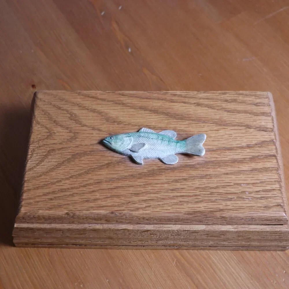 Wooden box for desk with letter opener, small carved fish on top, lid opens,
